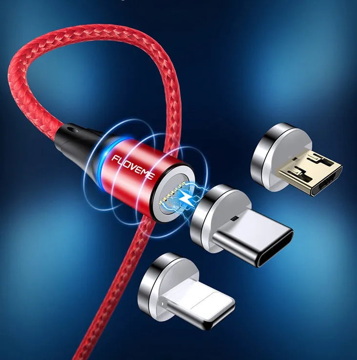 3A fast charge magnetic data cable with LED indicators in black, red, or silver colours
