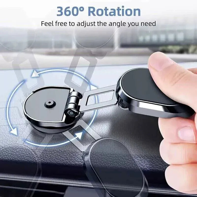 Chrome magnetic car phone holder with folding bracket extended on dashboard