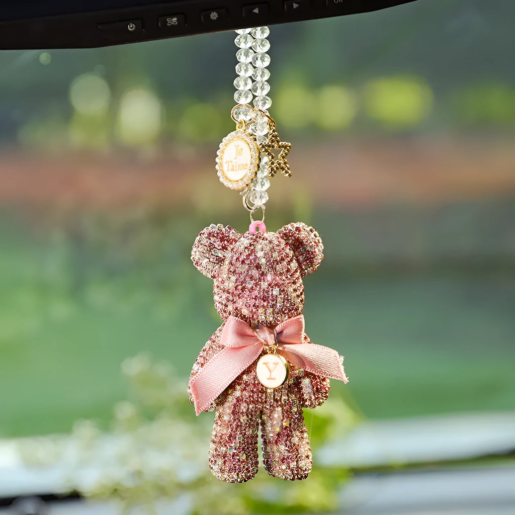 Diamond-embedded Violent Bear car rearview mirror pendant in black, white, and mixed pastel colours.