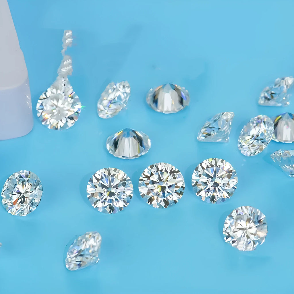 Round cut moissanite stone with eight hearts and eight arrows faceting, shown on a neutral background.