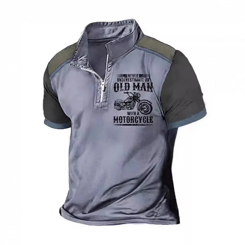 Men's casual polo shirt with lapel collar and black digital letter print on chest.