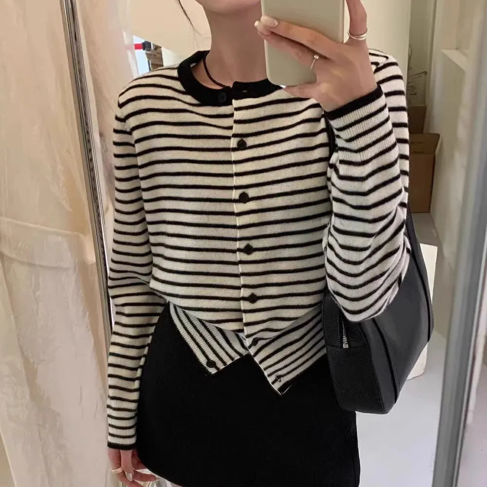 Women's dark grey and white striped cardigan coat with French style slim fit design