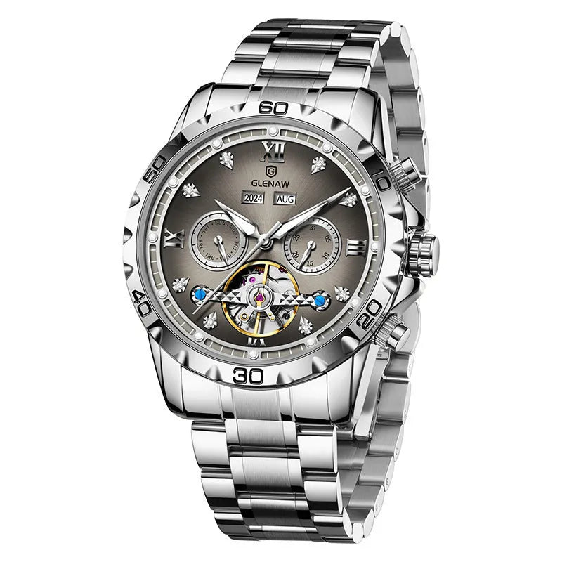 Men's automatic mechanical watch with stainless steel strap in silver and blue colour combination