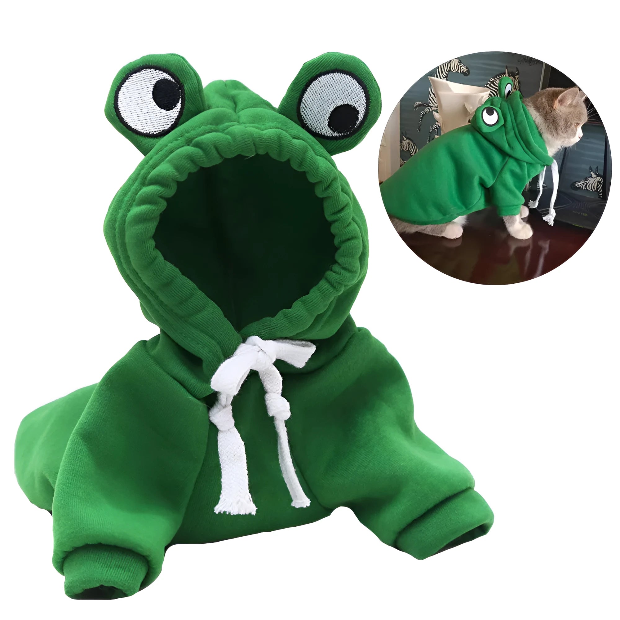 Green frog costume pet hoodie for small dog or cat with hood and detailed size measurements