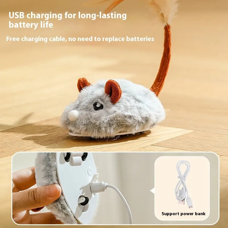 Electric mouse cat pole toy with plush mice in pink, dark grey, or purple colour options