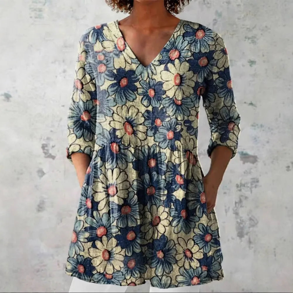 Women's retro slim fit long-sleeved top with digital print pattern in polyester fabric