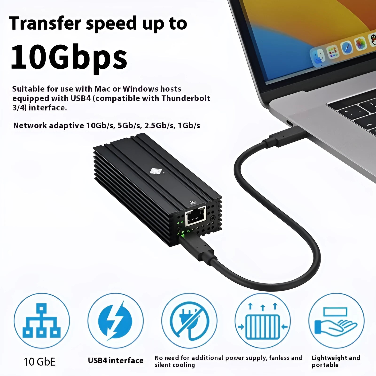 Black Leyu USB4 to 10 Gigabit Ethernet adapter with RJ45 port and cable for Thunderbolt 3 and 4 laptops