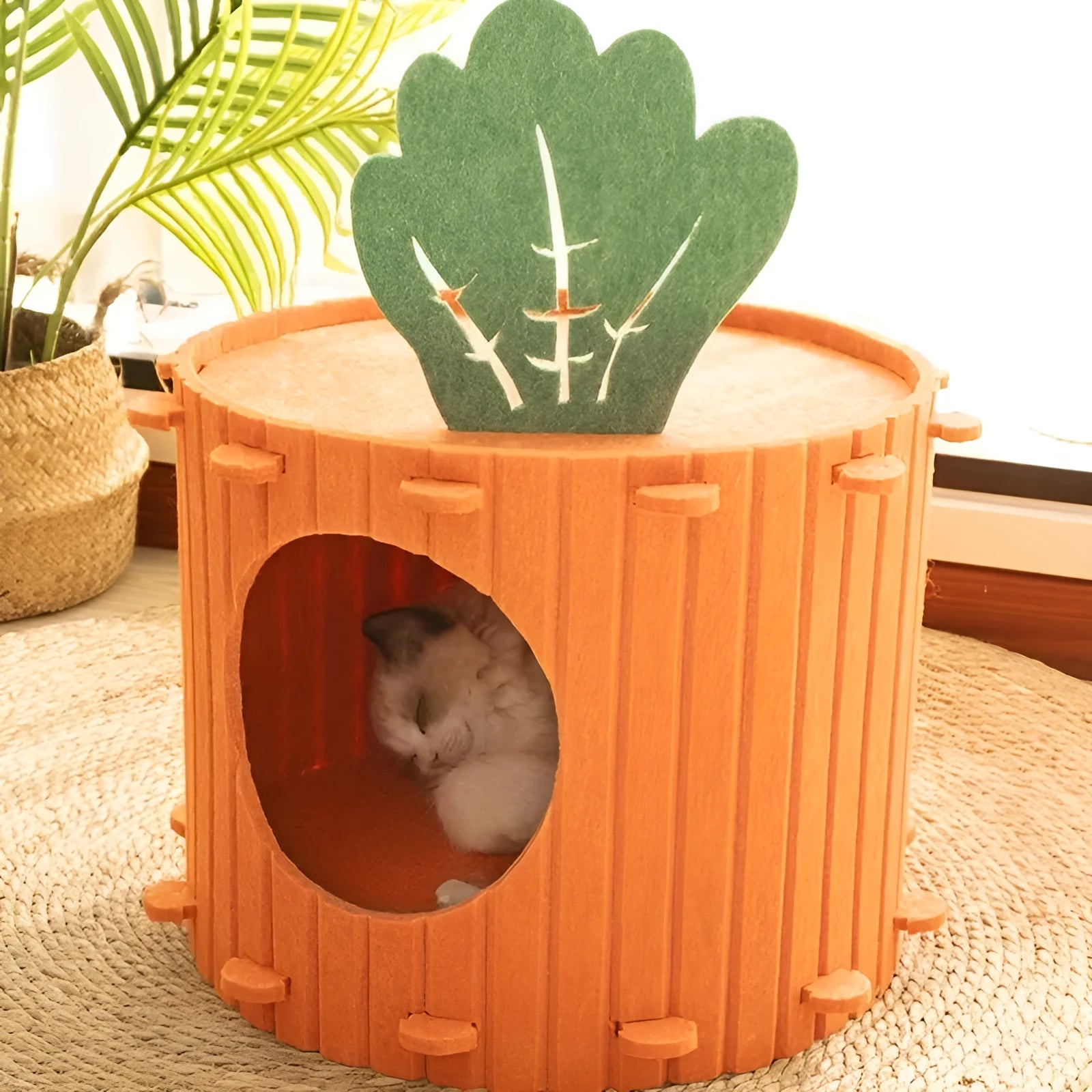 Carrot-shaped cat tunnel in polyester felt with semi-enclosed design and entry holes