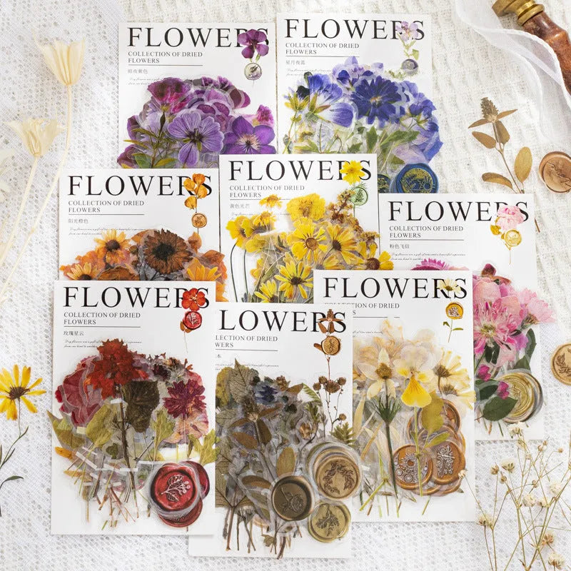 Creative dried flowers journal decoration sticker package showing 8 modern art styles on PET material, 70mm x 70mm size