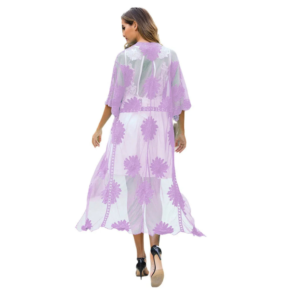 Light purple beach cover-up dress with lace embroidery details and free size fit