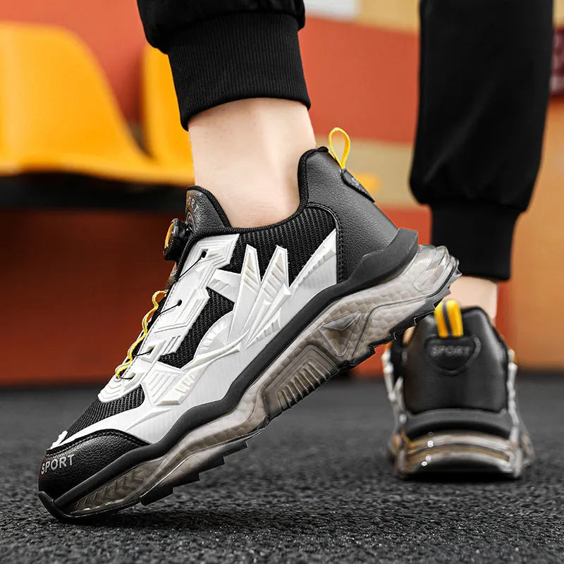 Men's black casual shoes with rotating button closure and platform sole design