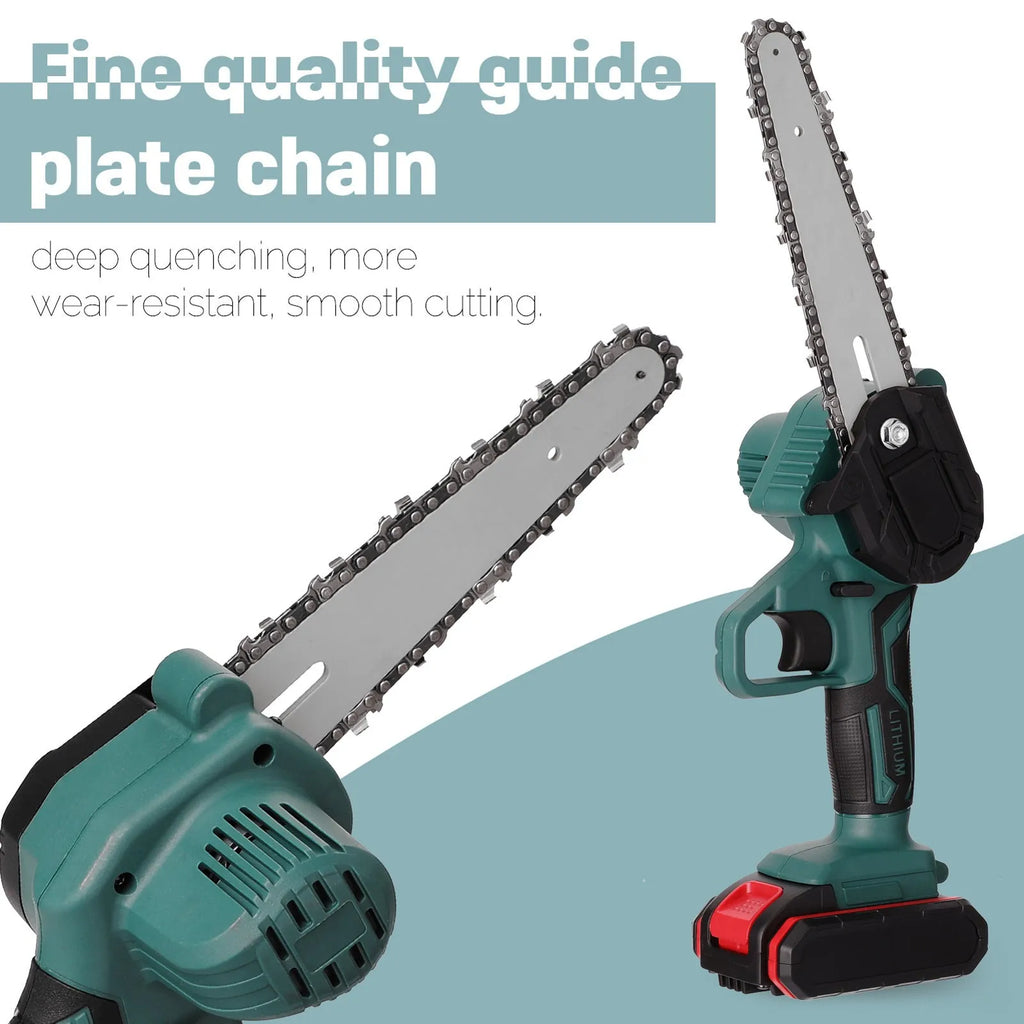 Black mini electric chainsaw with 4-inch guide bar and lithium battery, shown on a wooden log.