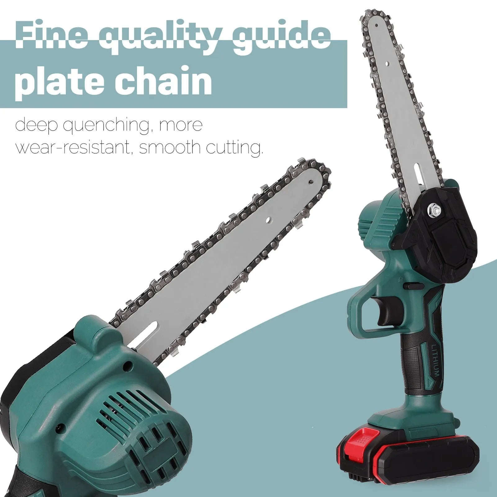 Black mini electric chainsaw with 4-inch guide bar and lithium battery, shown on a wooden log.