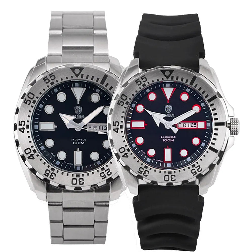Men's waterproof sports watch with luminous dial and quartz movement on a steel strap.