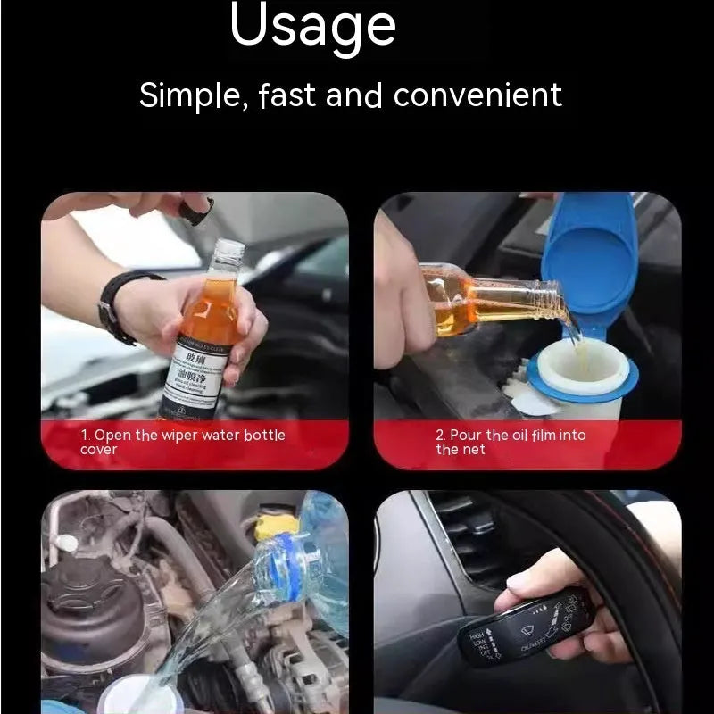 Yellow and blue 150ml bottles of car glass oil film remover cleaner