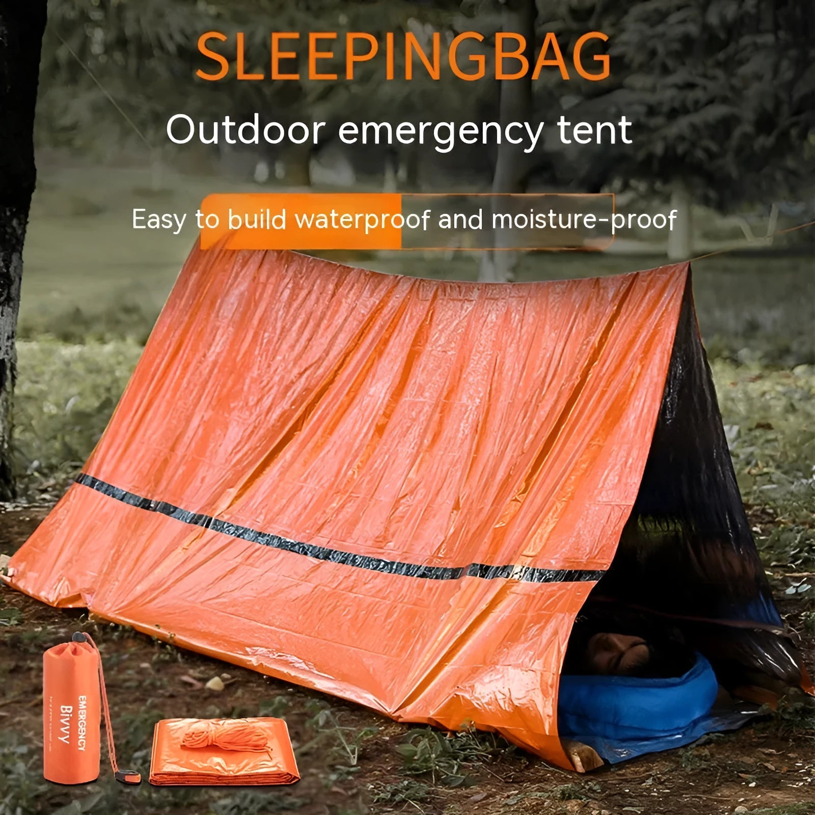 Orange portable disaster relief tent kit with sleeping bag and safety whistle for emergency shelter