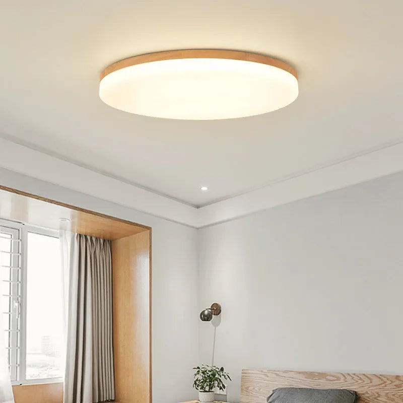 Japanese minimalist LED ceiling lamp with wood art body and acrylic shade in three size options