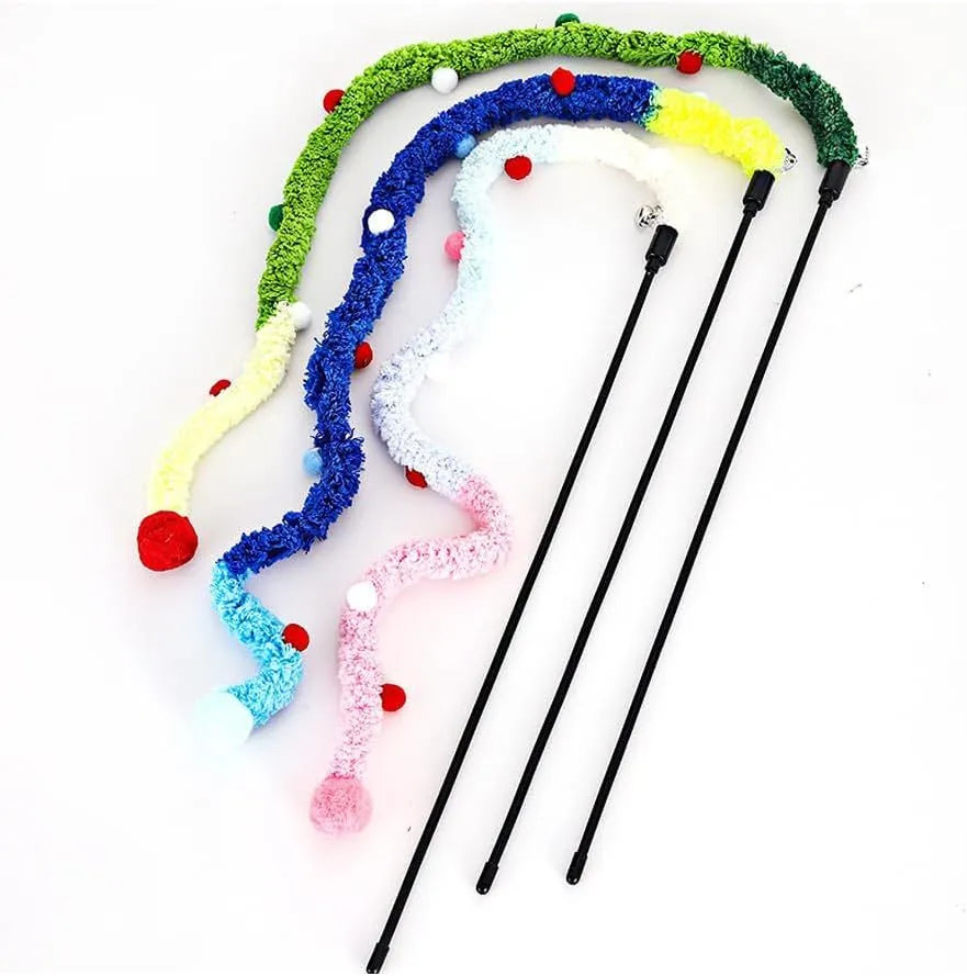 Interactive cat wand toy with a long blue plush strip, fluffy ball, and bells on a stick.
