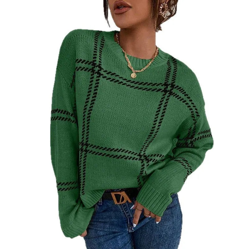Women's casual plaid colour-block crew neck acrylic sweater in loose fit pullover style