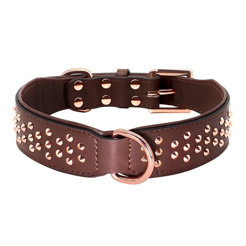 Leather dog collar with rivet construction in black colour showing anti-bite design