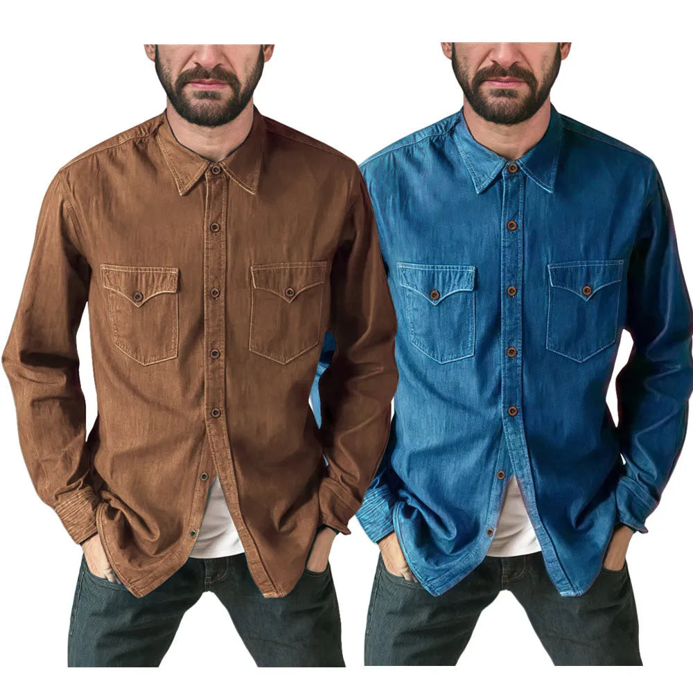 Men's regular fit denim cardigan coat in cotton, shown in khaki colour with button front.