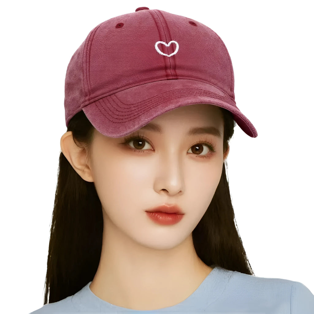 Retro baseball cap with embroidered small love heart design in soft cotton fabric, adjustable size