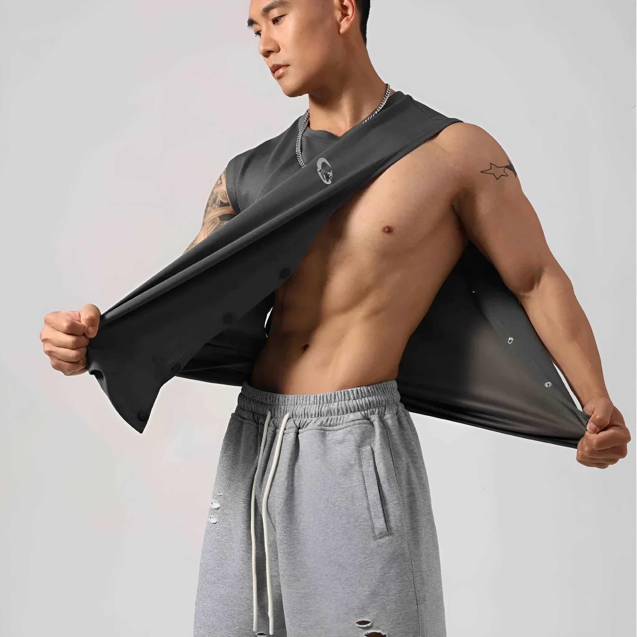 Korean style men's loose cotton fitness vest with hidden hook fastening on both sides