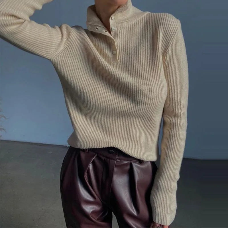 Retro breasted half turtleneck pullover sweater in slim fit with single-breasted placket detail
