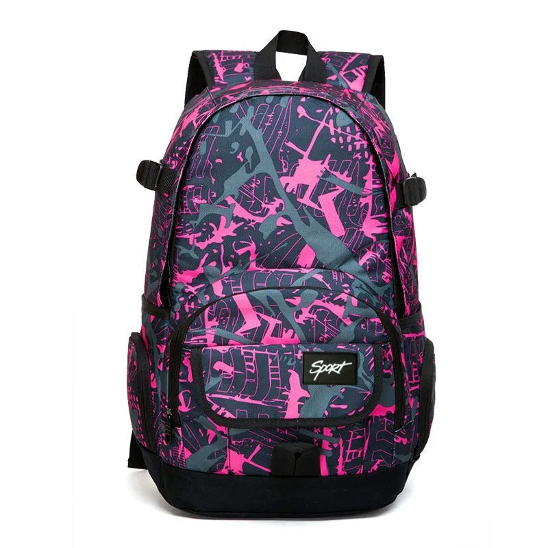 Blue and red classic nylon backpack showing large main compartment for school or travel.