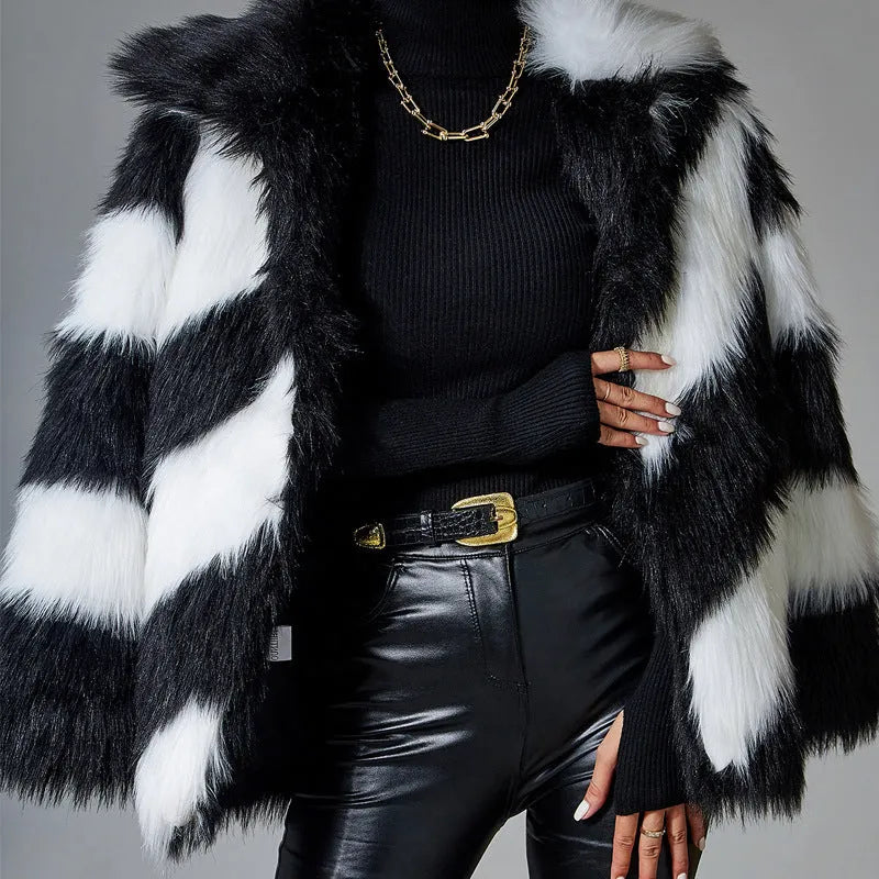 Picture colour faux fur coat with contrast lapels and fur collar, 50cm length with regular sleeves