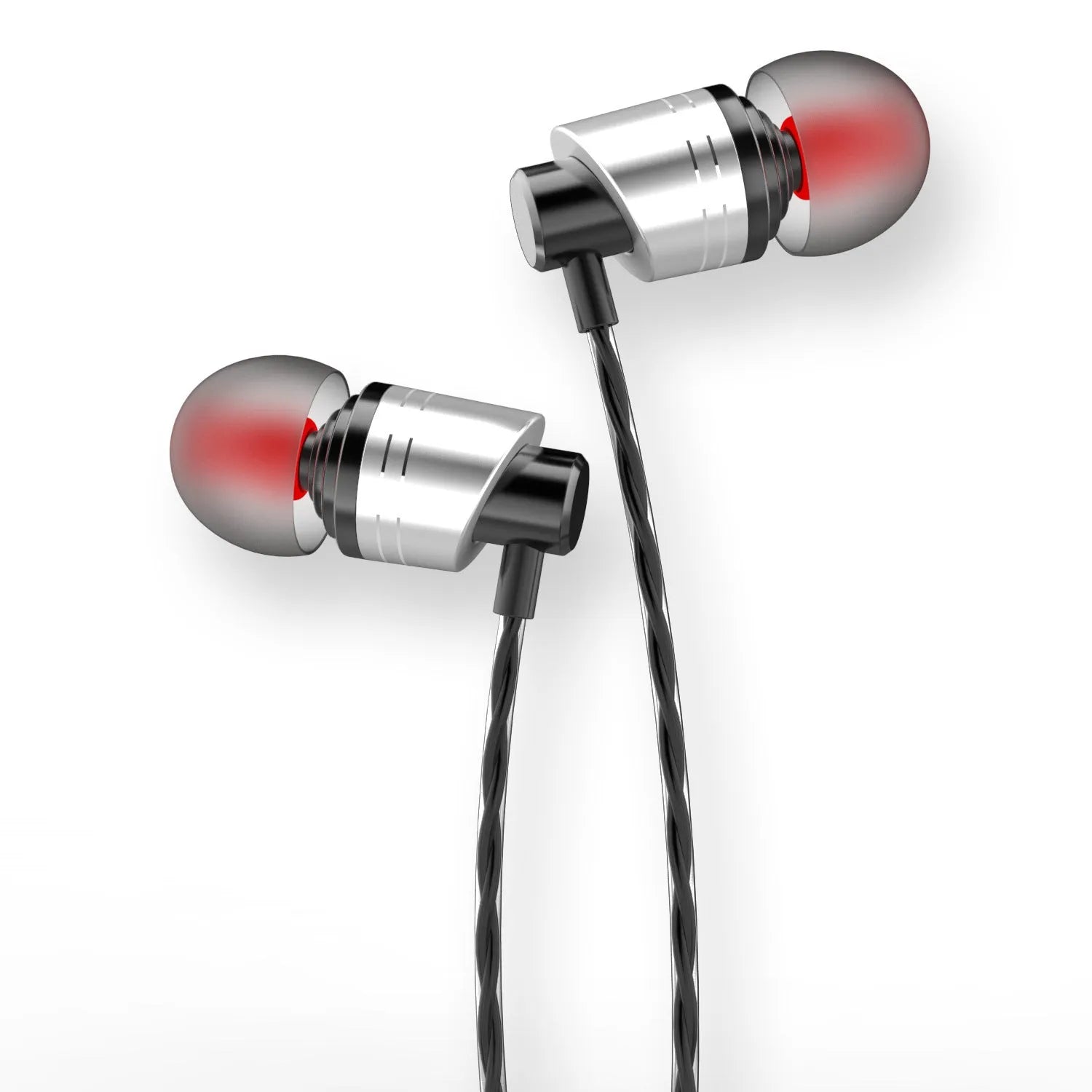 Wired in-ear earphones with 3.5mm plug, TPE cable, and silicone earplugs in black, blue, or red