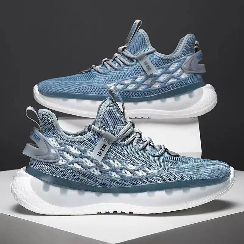 Men's white fly woven mesh platform sneakers with round toe and lace-up closure on a rubber sole.