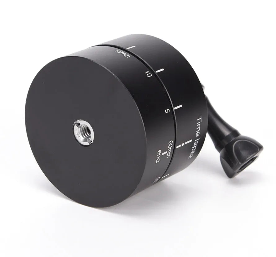 360-degree auto rotate camera tripod head base on a tripod with a GoPro camera attached