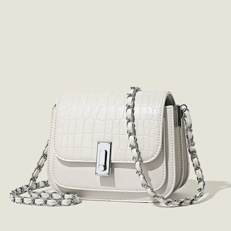 Soft black PU leather women's chain shoulder bag with cross-body strap and sewn detailing