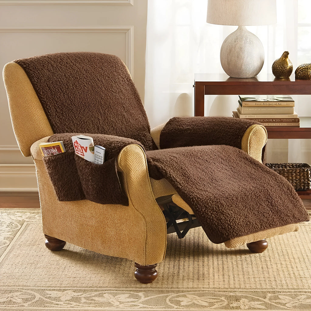 Polyester sofa cushion slipcover in lamb wool beige colour, shown on a sofa.