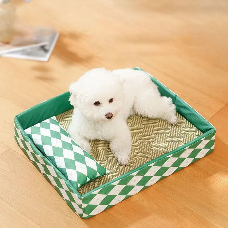 Blue rattan woven cat bed mat shown in a large size, placed on a wooden floor.