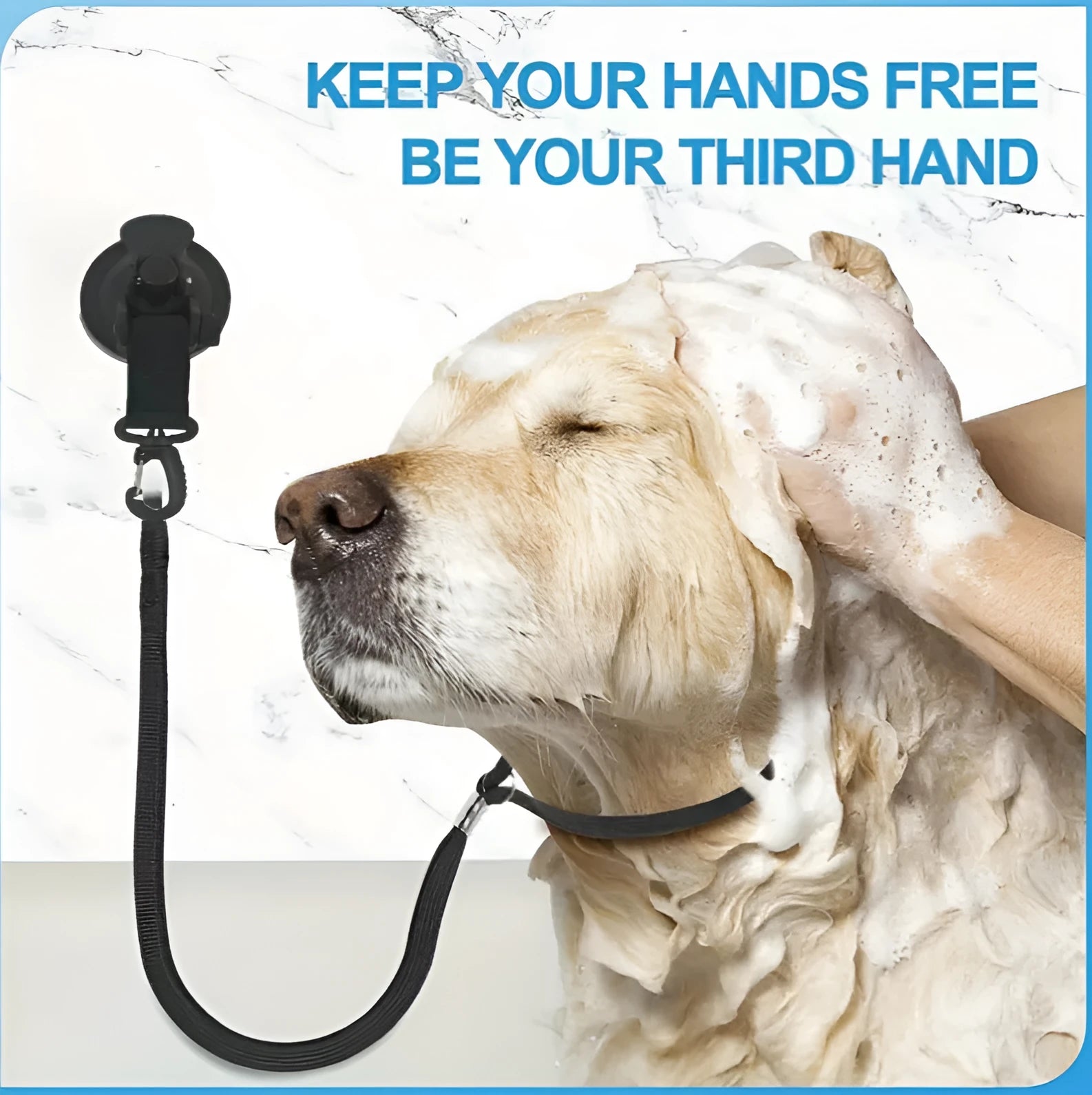 Black and blue pet bathing restraint with suction cup, rope, and anti-grab handcuffs shown in small and large sizes.