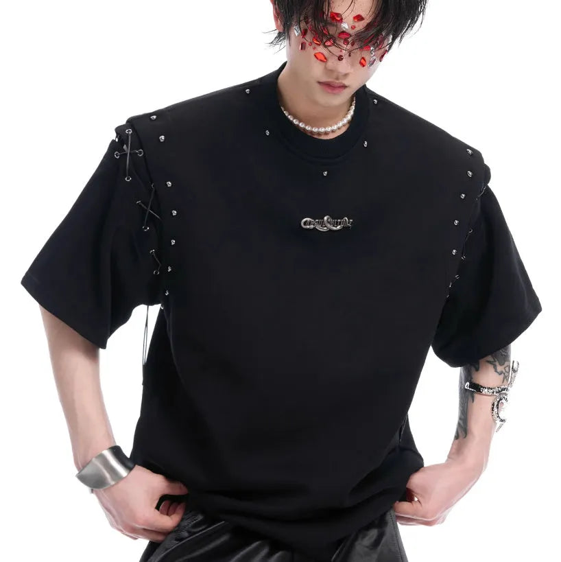 Deconstruction style short sleeve T-shirt with lace-up cutout detailing in black.