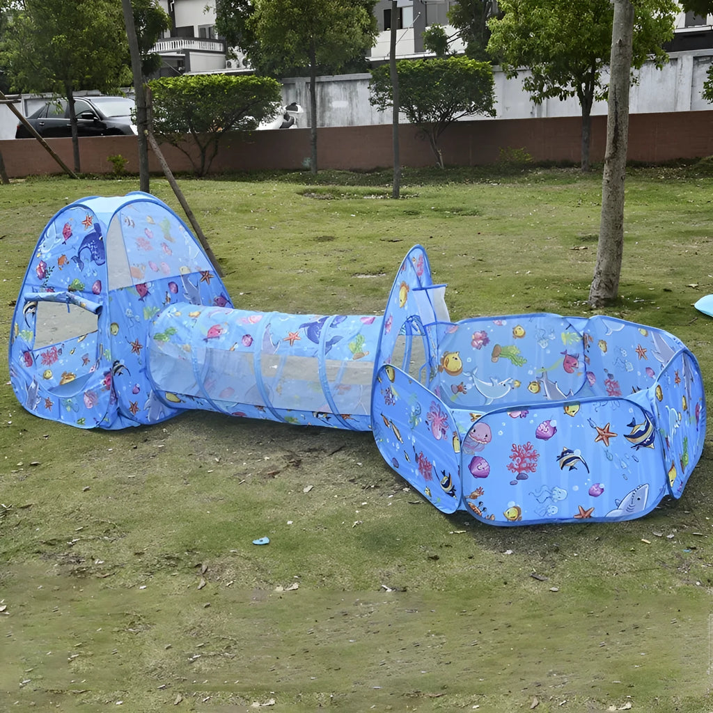 Underwater World children's tent with marine cartoon design, ball pool and tunnel components