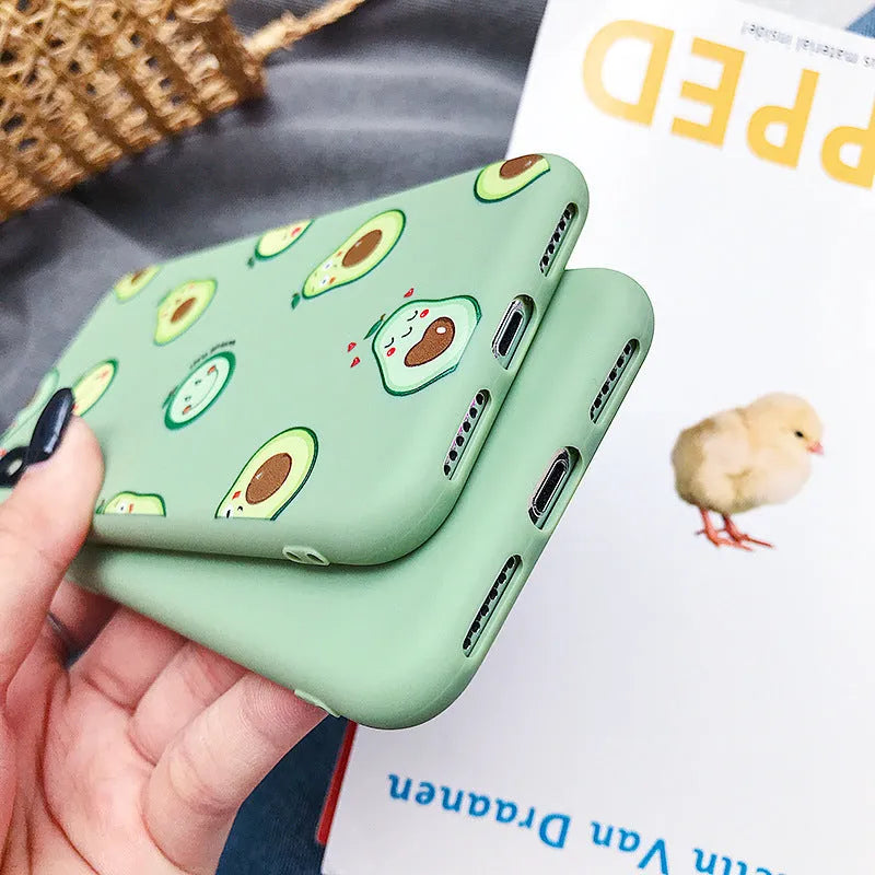 Avocado cartoon print on a green flexible TPU phone case for iPhone.