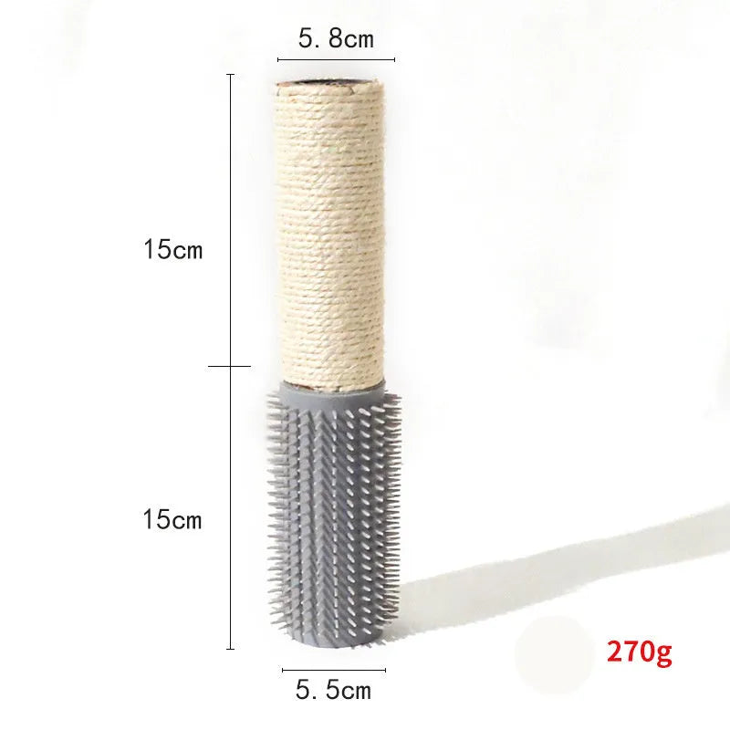Brown sisal rope cat scratching post standing 30cm tall on a floor.