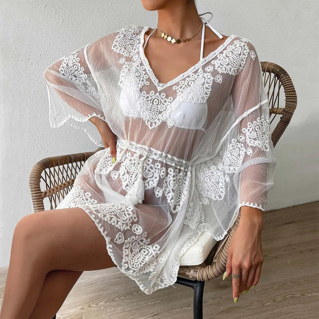 White water soluble beach blouse for women with polyester fabric and free size fit