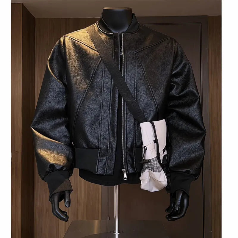 Black PU leather motorcycle jacket with litchi texture and 100cm extended length