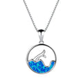 Round blue opal fishtail geometric pendant necklace on a chain, platinum electroplated copper finish.
