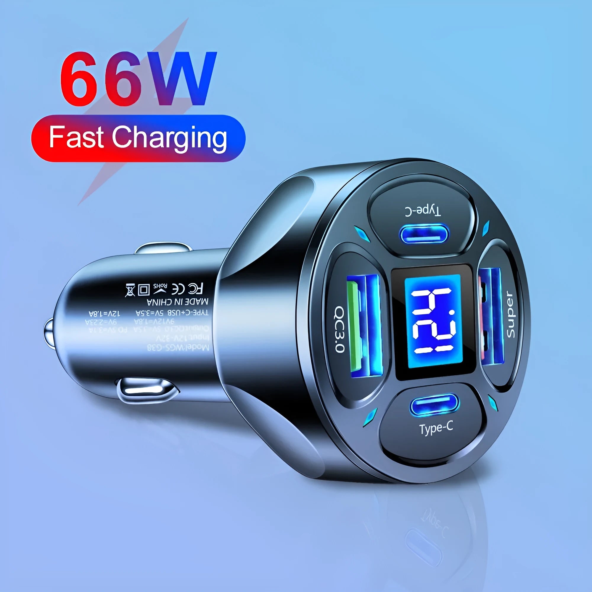 66W dual USB dual Type-C digital display car charger with compact black design