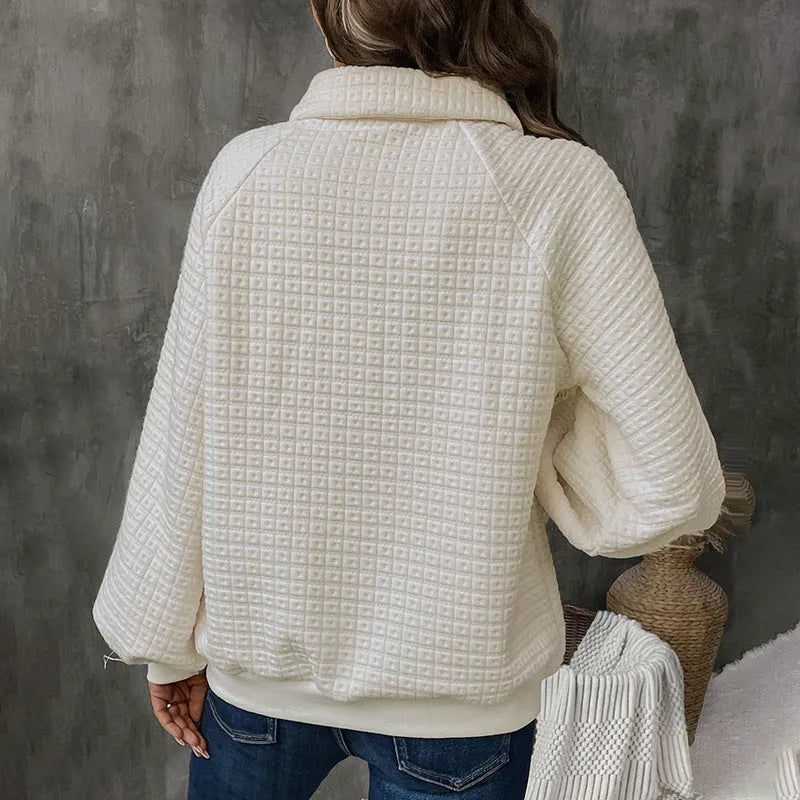 Women's milky white polo collar thick knit sweater with long sleeves