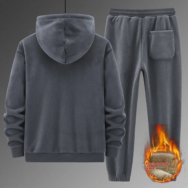Men's grey cashmere hooded sweater and matching cotton blend pants casual sports suit set