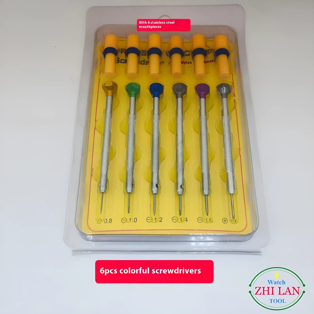 Six colour-coded screwdrivers for watch repair in aluminium case with spring steel cutter heads
