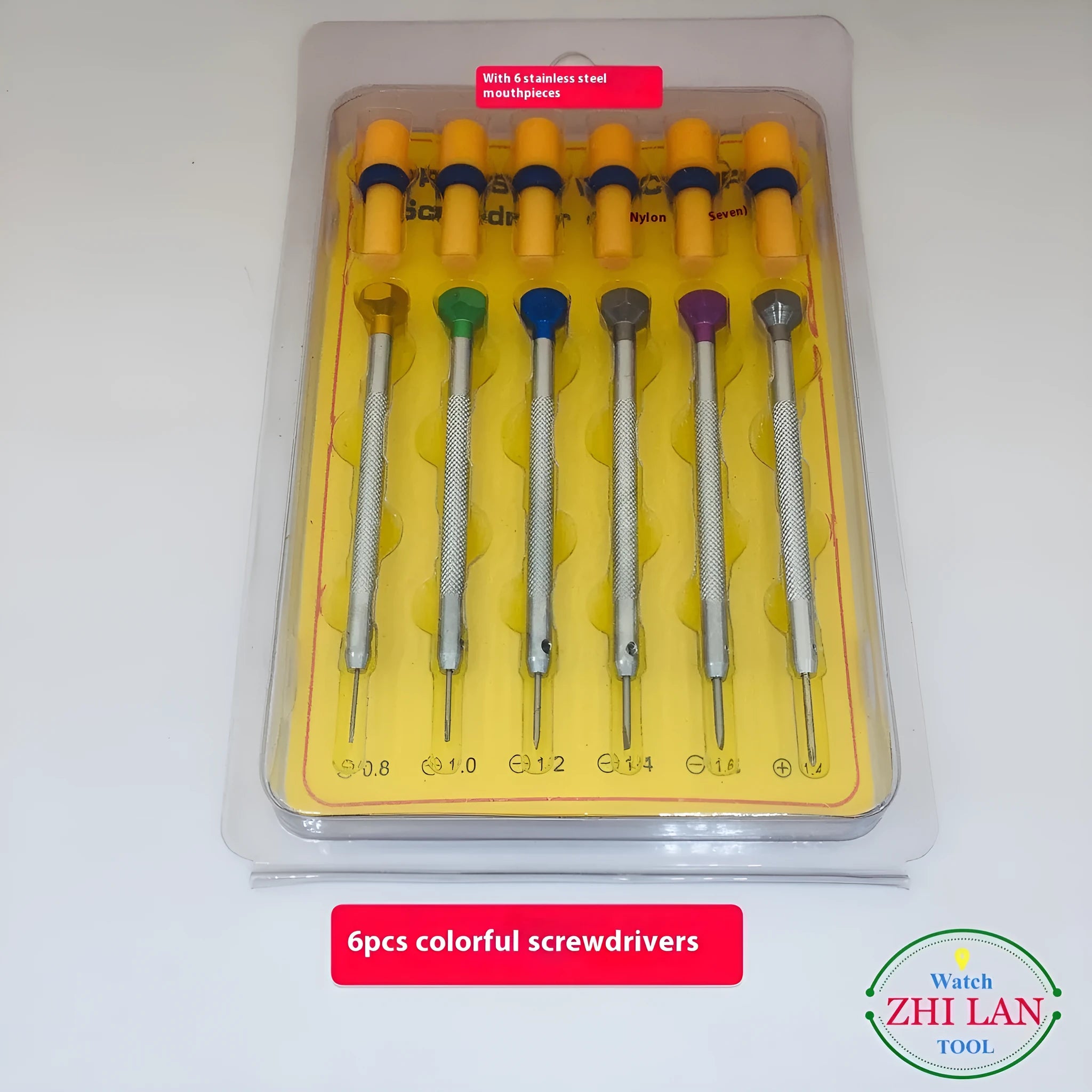 Six colour-coded screwdrivers for watch repair in aluminium case with spring steel cutter heads