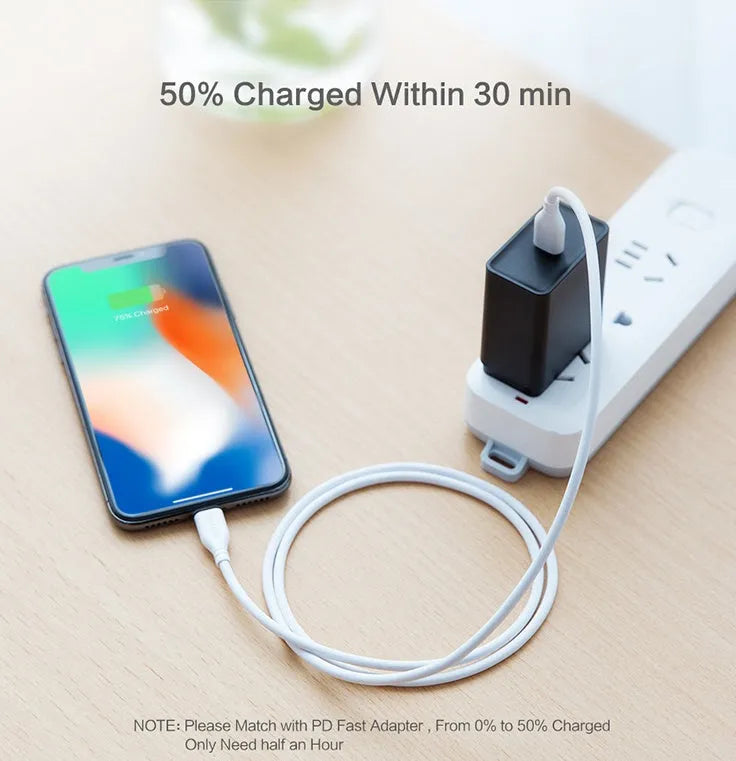White 240cm USB-C to Lightning charging cable for iPhone and iPad fast charging